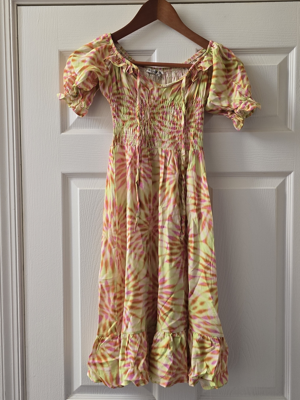 NWT Ashilda Paris Pink and Yellow Tie-Dye Smocked Dress - Small